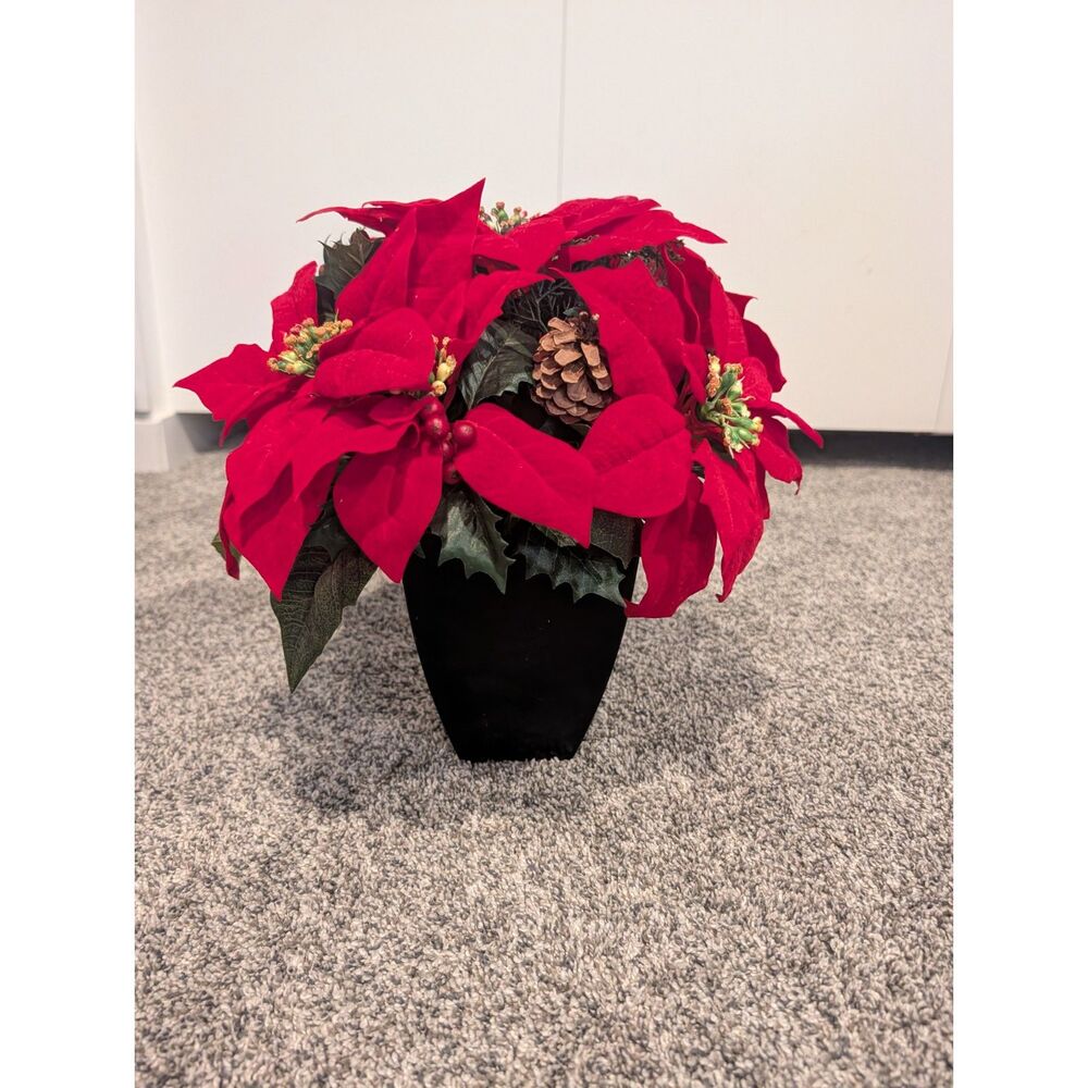 Faux Red Velvet Poinsettia Arrangement Black Pot Pinecone Berries Christmas